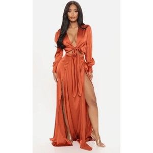 Fashion Nova Bronze Entice Me Satin Maxi Dress NWT XL DR1301